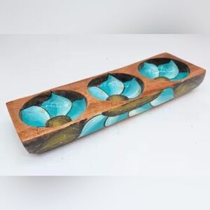 Triple Divided Snack Wooden Bowl Hand Painted Boho Design Teal Black Floral EUC!